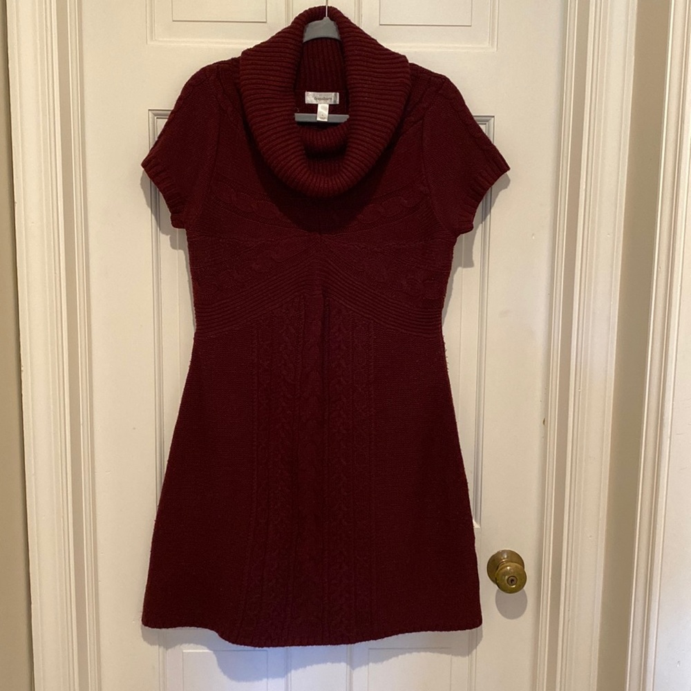 Sweater dress, burgundy. Cable knit on front, back and sleeves.  Cowl neck